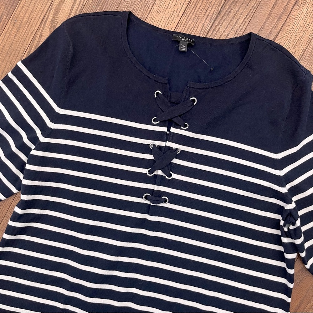 Talbots Petites Navy/White Stripe Knit Dress 3/4 Sleeve SplitNeck Crisscross XLP